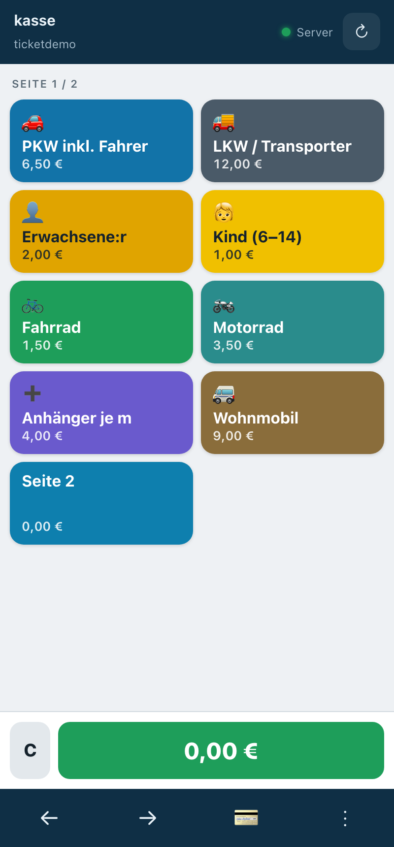 Verkaufsansicht der Fährpilot-Kasse auf dem Smartphone: große Produktkacheln für PKW, Erwachsene, Kind, Fahrrad und mehr